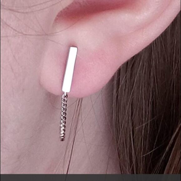 14k Gold/ Sterling Silver Cuban Chain Bar Earrings - Picture 12 of 15